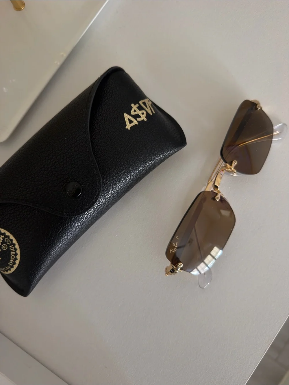 Ray-Ban Women Rimless Sunglasses with Brown Lenses and Gold Accents
